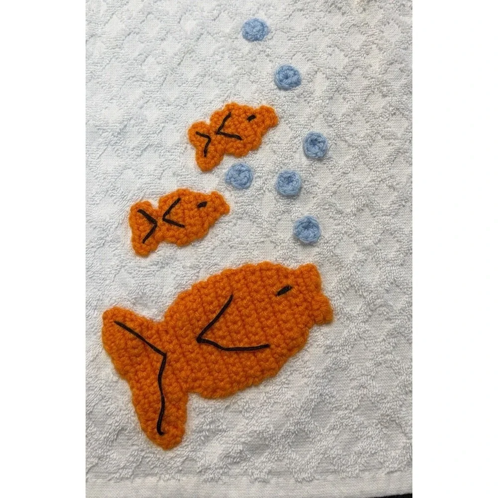 Vintage Crochet Goldfish Bath Towel Set 3pc Handmade Mid Century Kitsch Decor